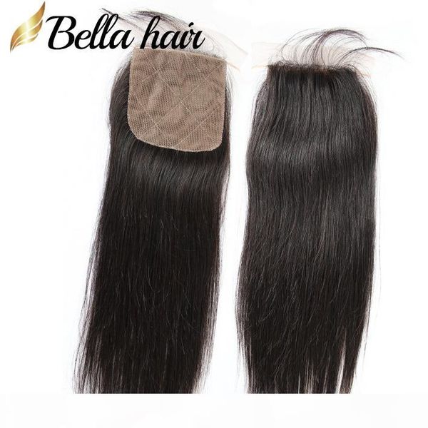 

bella hair 10~20 inch 4*4 natural color peruvian virgin human hair straight silk base closure ing, Black;brown