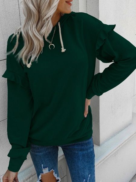 

ruffle trim drop shoulder drawstring hoodie l5cl#, White;black