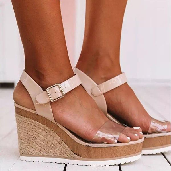 

summer concise ladies sandals casual pu soft buckle solie high heel platform wedge front female sandals1, Black