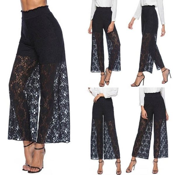 

high waist loose lace pants women fashion hollow out lace crochet long women trousers black beach casual pants, Black;white