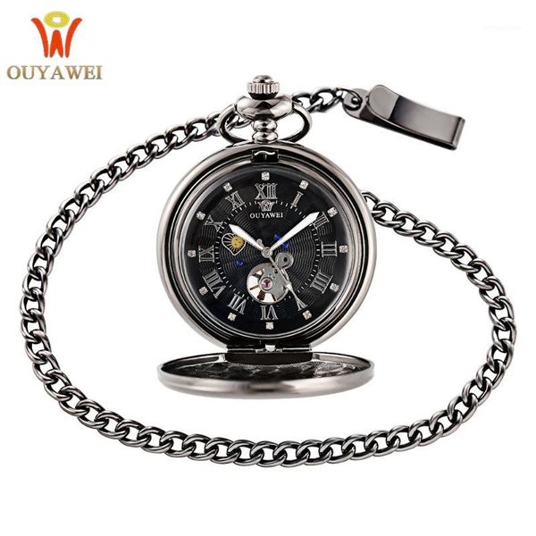 

ouyawei 2017 vintage pocket watch black case hollow dial moon phase function hand wind mechanical fob watch1, Slivery;golden