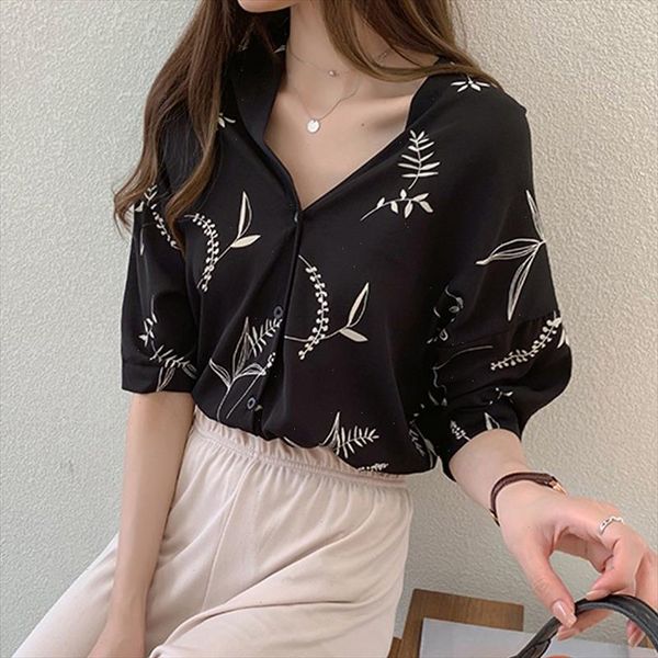 

women button up blouses casual half sleeve leaves print v neck woman chiffon blouse ladies shirts blusas, White