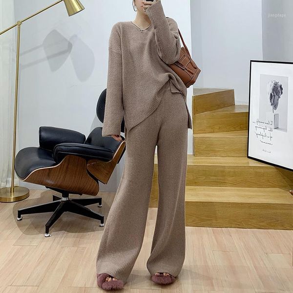 

two piece set and pants female new style fashion sweatsuit set solid colorv-neck sweater with high waist knit wide leg pants1, White