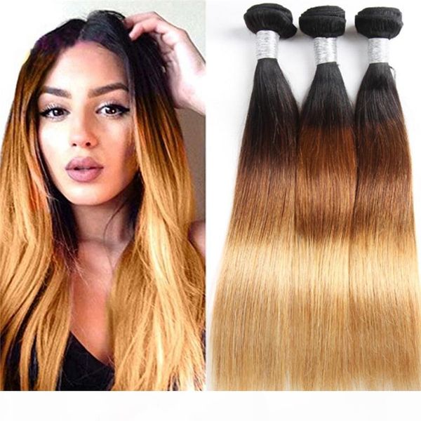 

no tangle no shed straight hair weaves brazilian virgin hair bundles ombre 1b 4 27 blond color blonde indian remy hair weave, Black