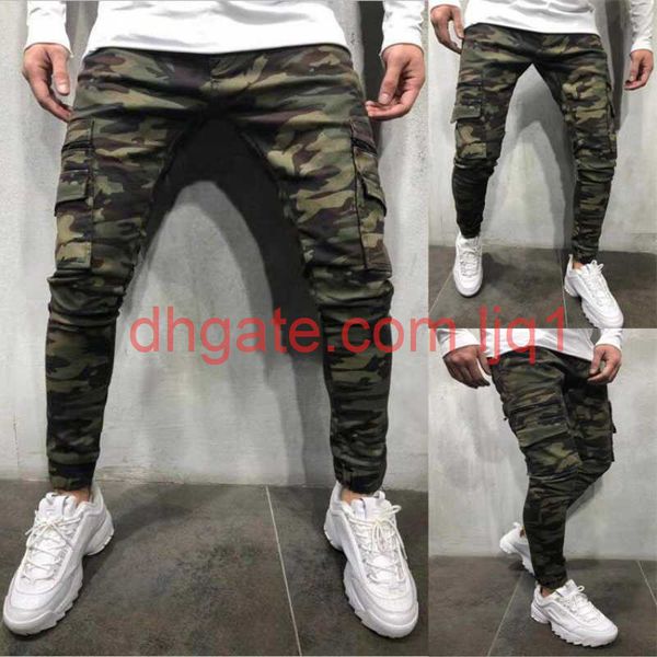 

camouflage style men jeans jogger pants slim multi-pocket cargo hip hop solid-colored pencil jeans men 2020, Blue