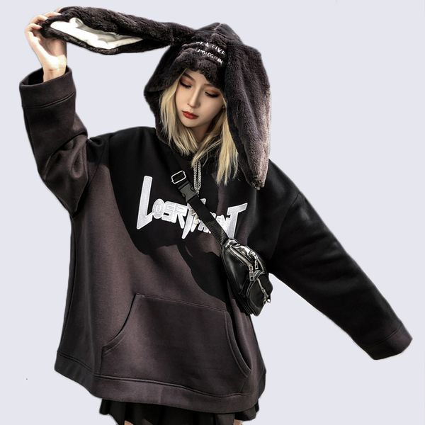 

2021 new funny rabbit ears hoodie harajuku kpop thick with hood pullover winter oversize goth female sweatshirt o54w, Black
