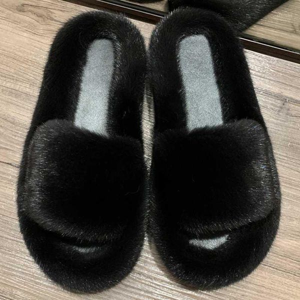 

slippers natural fur women real slipper ladies flat with slippers1, Black