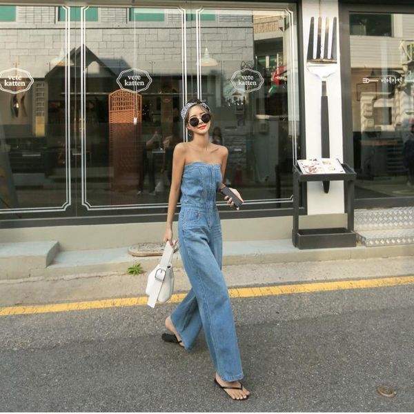 

women's jeans 2021 woman mujer high waist denim wide leg pants one-piece halter tube style jumpsuit women waisted, Blue