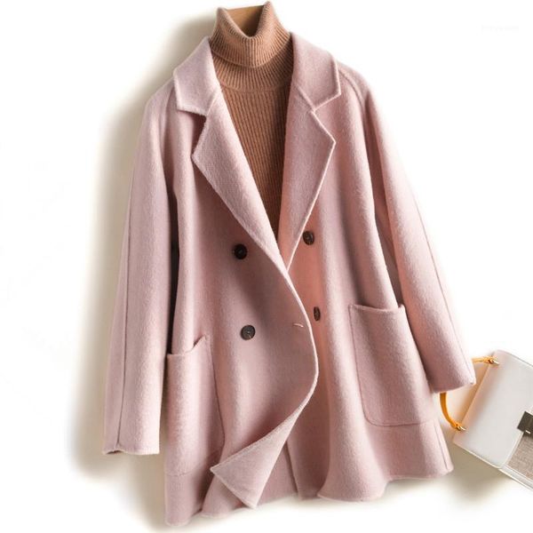 

classic short double sided wool jacket women autumn loose double-breasted wool coat female solid woolen outerwear1, Black