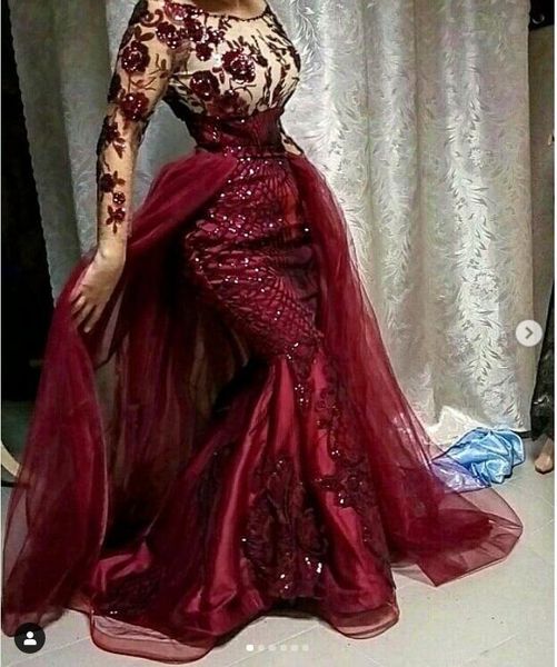 

burgundy sequined floral lace mermaid evening dresses with detachable train modest full sleeves prom gowns muslim formal party dress, Black