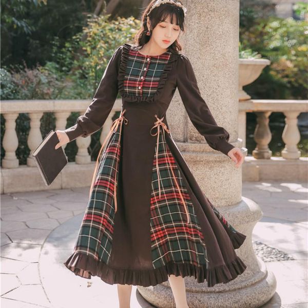 

japanese mori girl women cute high waist retro corduroy stitching plaid dress women lolita dresses cosplay op princess dresses, Black;gray
