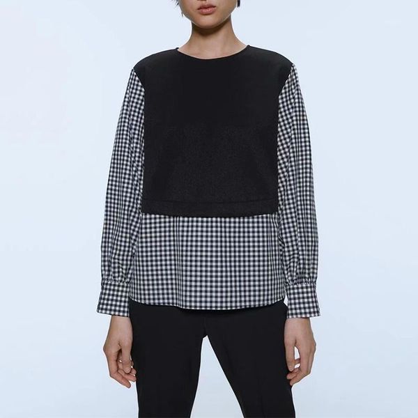 

omikron new fashion summer women long sleeve black plaid patchwork blouses shirts office ladies black loose casual hairball 1, White