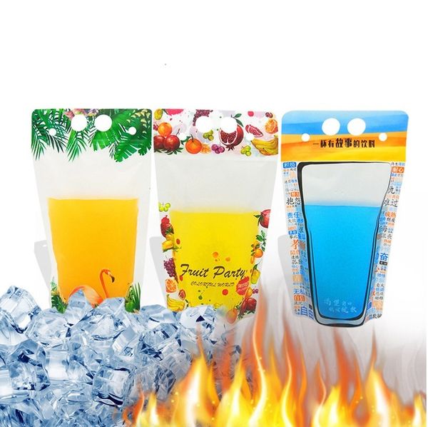 

drink fruit pattern plastic 500ml packaging bag flamingo beverage juice milk coffee, with handle and holes for strawjujw