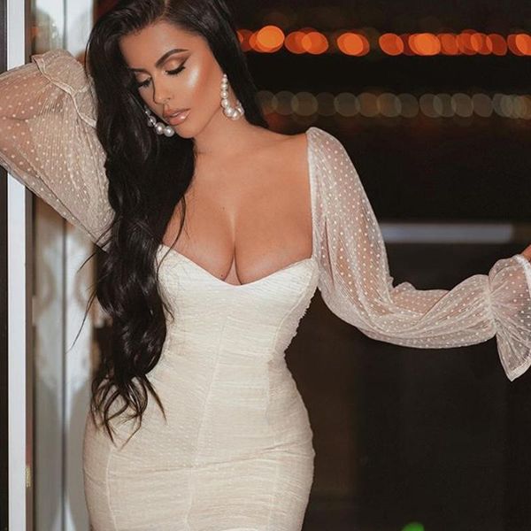 

casual dresses adyce 2021 winter white dot lace bodycon bandage dress women flare long sleevemini v neck celebrity evening party, Black;gray