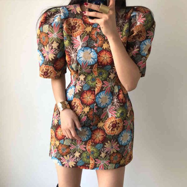 

Chic Dress Woman Spring Ins Fashion Retro Round Neck Totem Floral Embroidered Waist Puff Sleeve Dress Tide, Black;gray