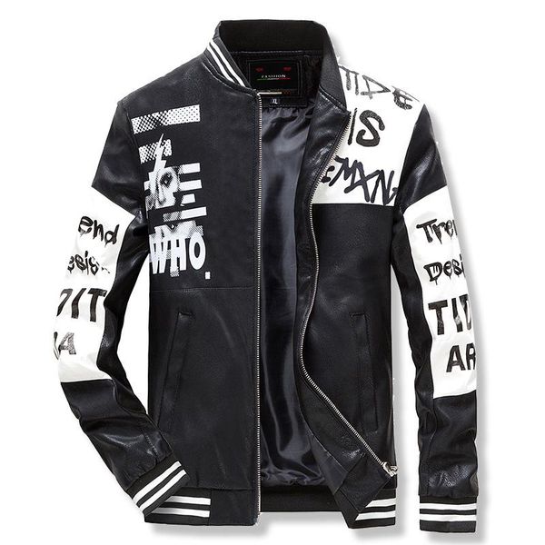 

2020 new fashion trend printing leather jacket slim casual hip-hop mens leather jacket, Black
