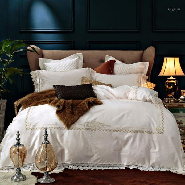 

j2 j/6 pieces cream  king royal wedding lace bedding sets 60s egyptian cotton duvet cover bed sheet set pillowcase1