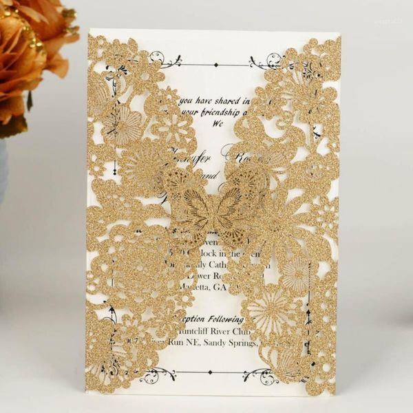 

wishmade 50pcs lace wedding invitations cards with gold glitter laser cut butterfly for bridal shower engagement party customize1