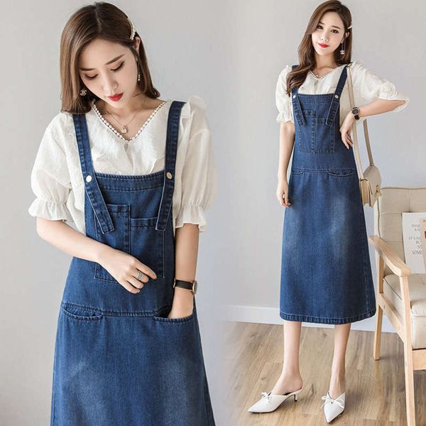 

length summer medium spring strap women's and dress simple college style denim skirt loose large size shows thin, Black;gray
