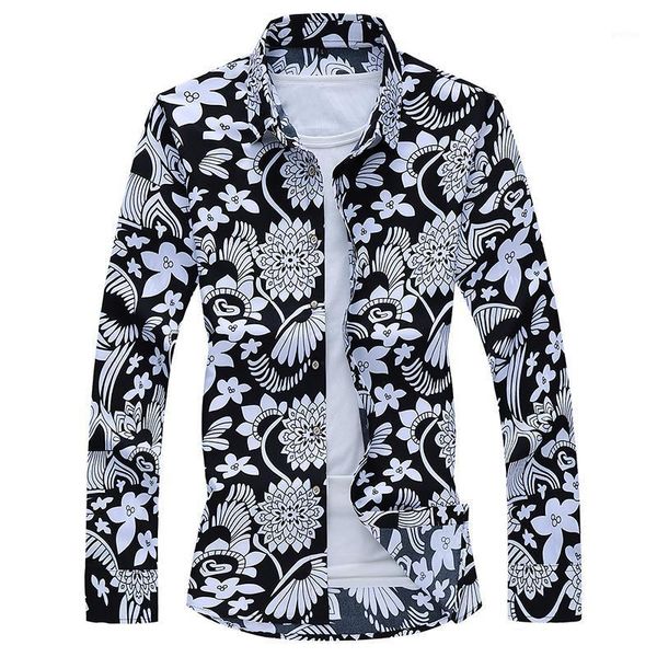 

spring autumn men's long sleeve flower shirt chinese style black and white printed casual plus size 6xl 7xl men's clothing1, White;black