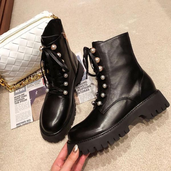 

may niamh zipper ankle boots pearl decoration round toe lace up flat boots woman genuine leather comfortable handmade shoes a0421, Black