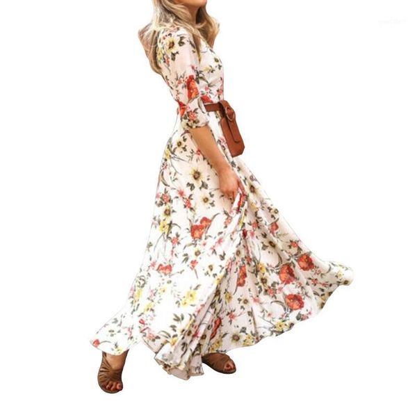 

vintage big swing crew neck holiday floral printed women dress maxi chiffon middle sleeve elegant long cocktail fashion1, Black;gray