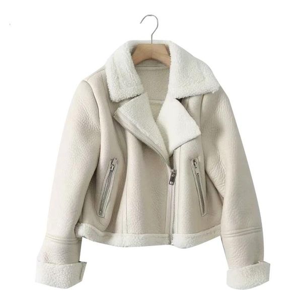 

leather fur faux lapel long sleeve thick warm short women's jacket coat vintage lambswool chic female locomotive outerwear, Black