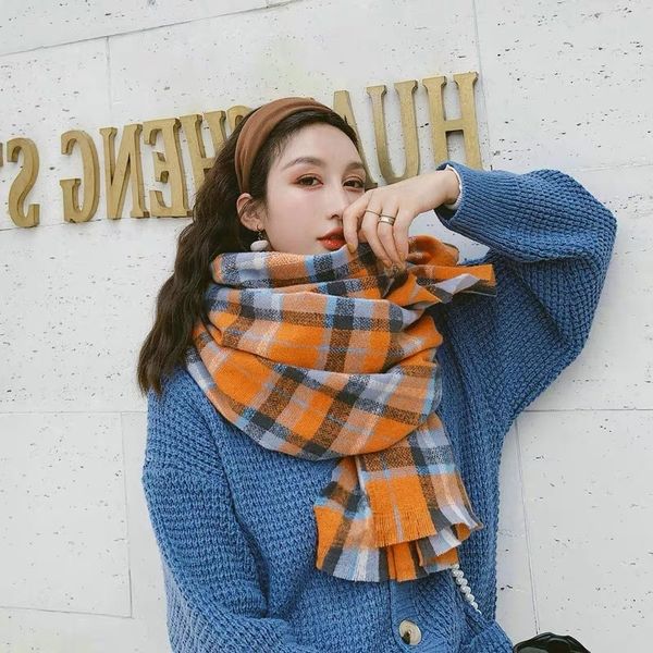 

korean new color plaid scarf for women's autumn and winter, Blue;gray