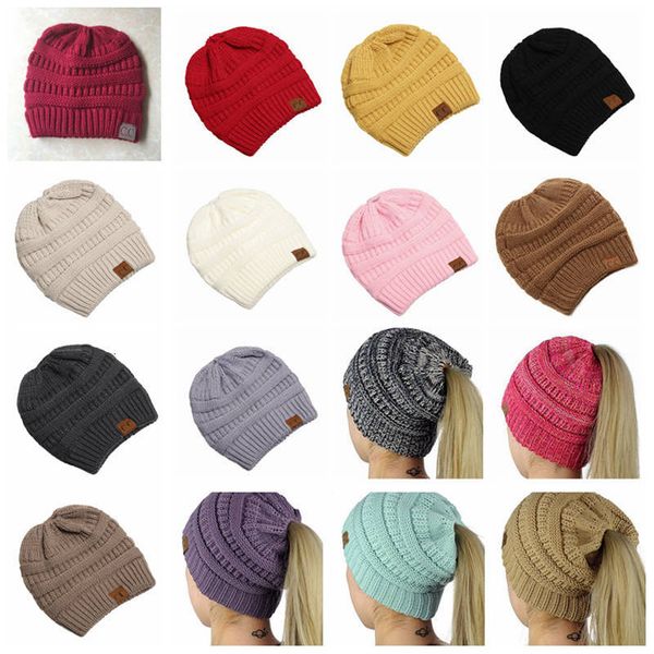 

cc ponytail beanie hats 15 color women crochet knit cap winter skullies beanies warm caps female knitted stylish hats big kids hat 50pcs, Yellow
