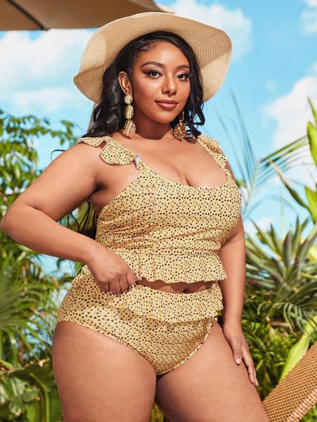 

plus polka dot frill trim high waisted bikini swimsuit n50b#, Black