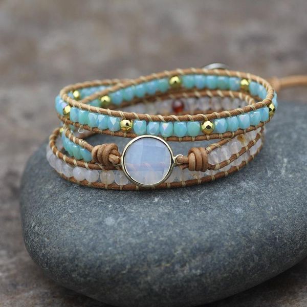 

women bracelets natural opal stone rhinestone 3 rows leather wrap bracelet fancy femme boho bracelets dropship, Golden;silver