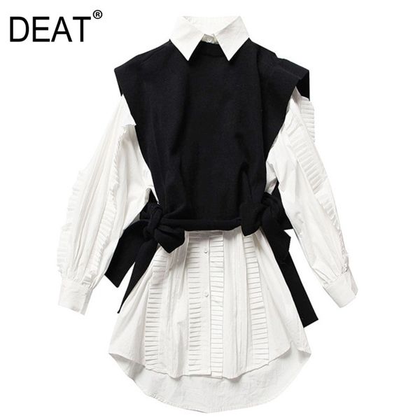 

deat 2020 new spring fashion women clothes round neck sleeves knits vest turn-down collar ruffles single breasted dress we12800m q1217, Black;white
