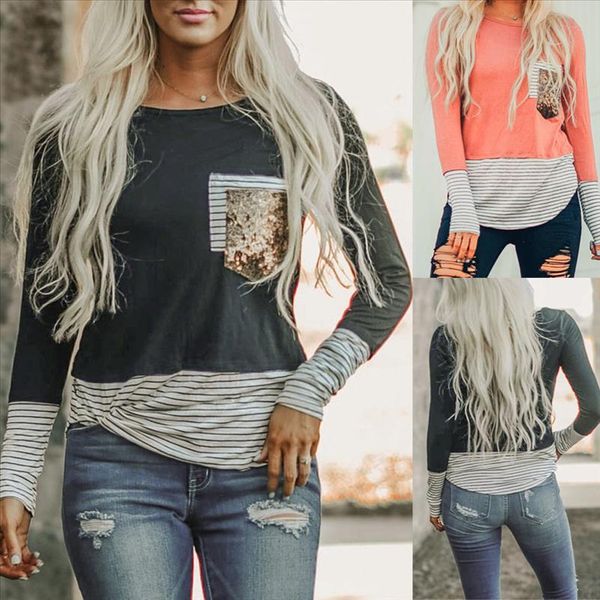 

2019 harajuku vintage t shirt tee fashion womens o neck long sleeves stripe sequins splicing easy plus size 281015, White