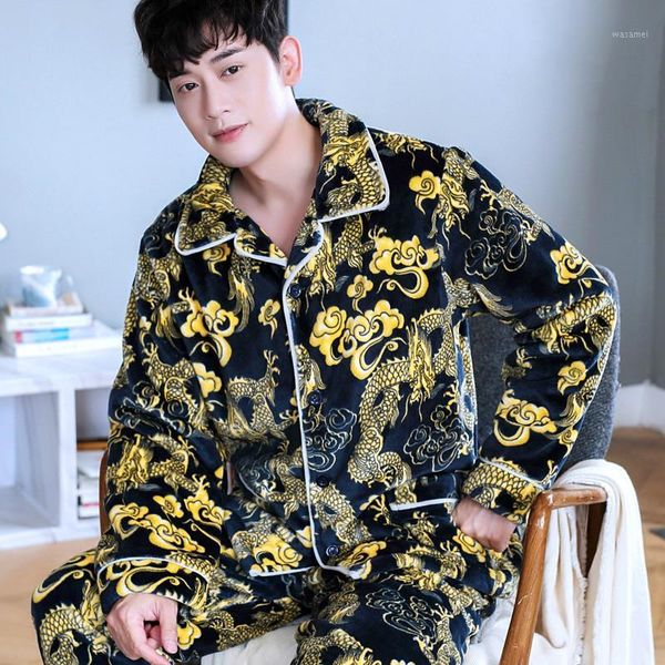 

h5905 men fashion pajamas chinese dragon printed thickened coral fleece home clothing suit flannel autumn winter nightwear set1, Black;brown