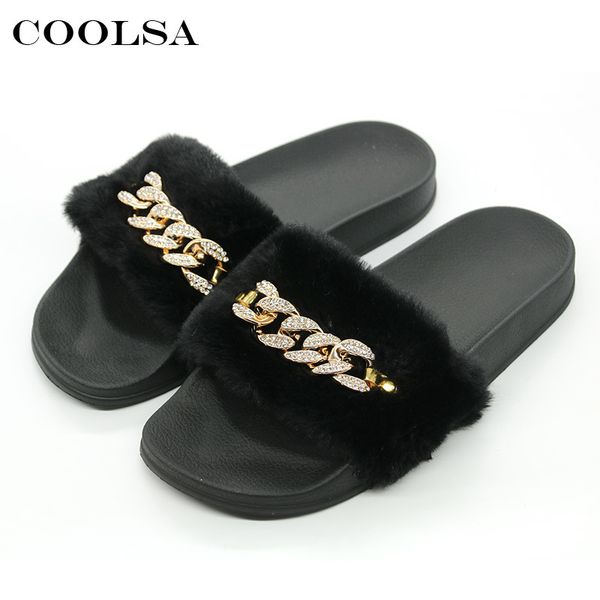 

coolsa new summer women plush slippers cute fluffy fur slides diamond chain brand female indoor slipper casual shoe party sandal y200706, Black