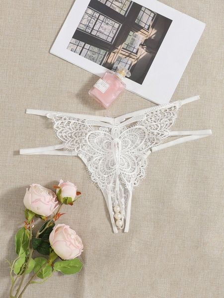 

plus eyelash lace faux pearl decor open crotch thong r30l#, Black;white