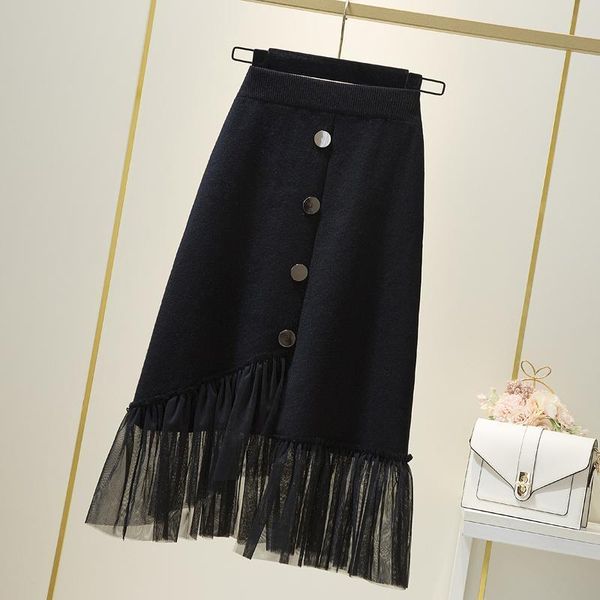 

2021 new autumn woman lasso link elastic button fashion dot middle line of calf skirt y334 da4s, Black