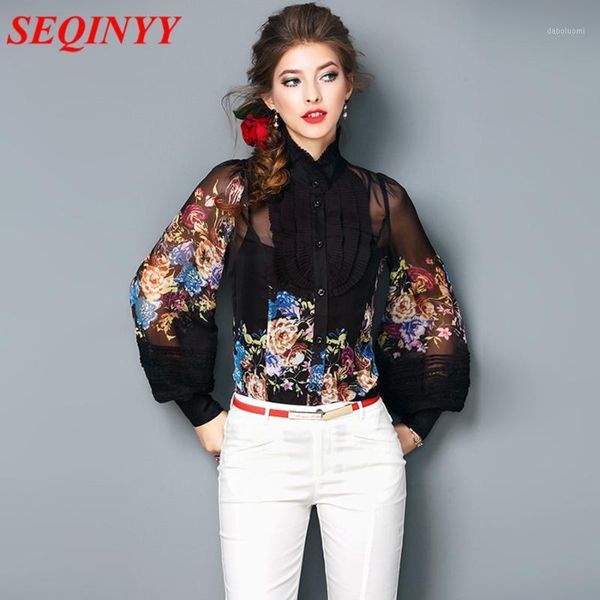 

chiffon blouse summer new fashion 2020 long lantern sleeve flowers printed white black loose shirt1