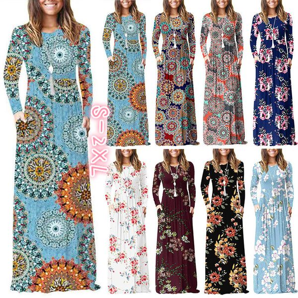 

fashion womens dress round neck waist long skirt slim fit plus size long skirt one-piece printing long sleeve pocket dress, Black;gray