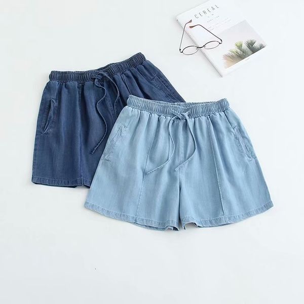 

new summer 2019 elastic waist drawstring lace up tencel denim shorts women's y2015, Blue