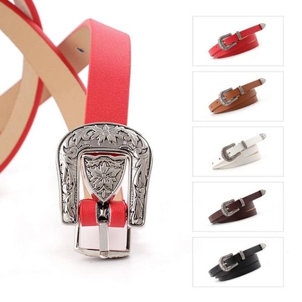 

red purple black pink colorful women dress belts with metal buckle female narrow faux pu leather waist belt waistband cute strap, Black;brown