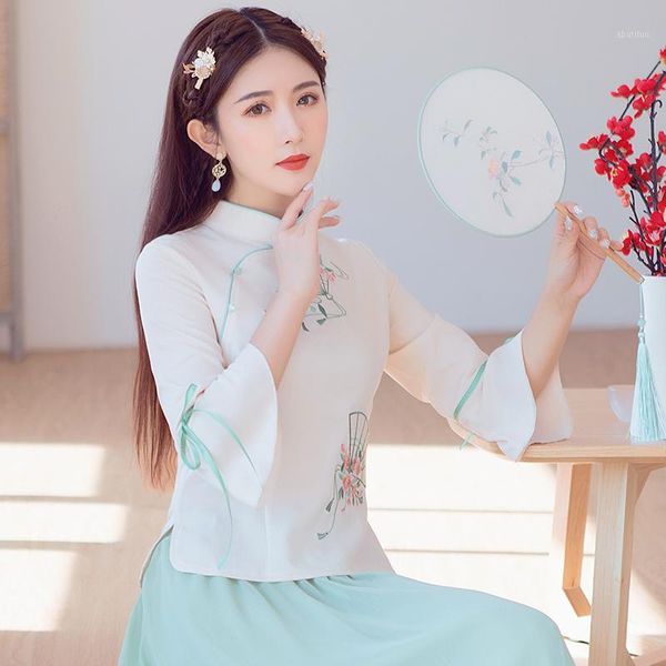 

women's blouses & shirts kyqiao women traditional chinese clothing female summer elegant mandarin collar buttons cheongsam blouse1, White