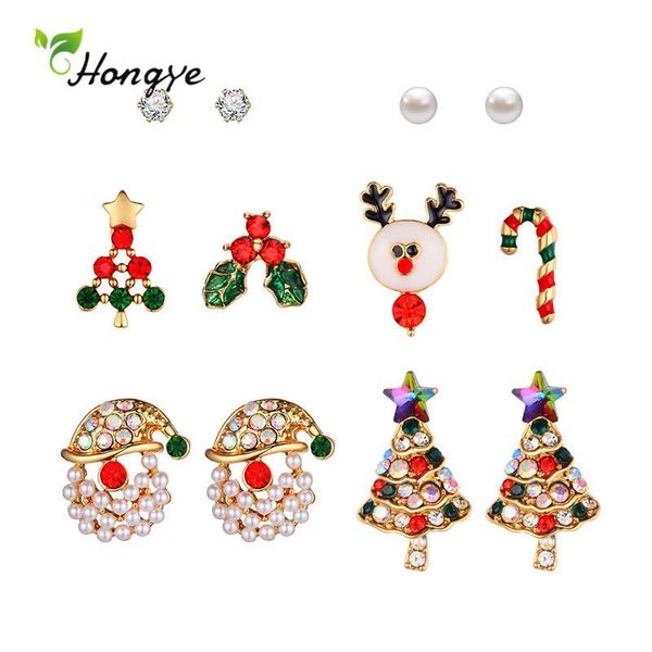 

hongye 2020 new six pairs fashion cartoon pearl stud earrings set for women girl zircon party jewelry brincos christmas gifts, Golden;silver