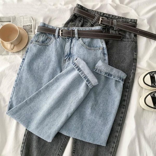 

vintage straight high waist jeans women boyfriend mom street denim jeans with belt 2021 loose plus size mujer retro, Blue