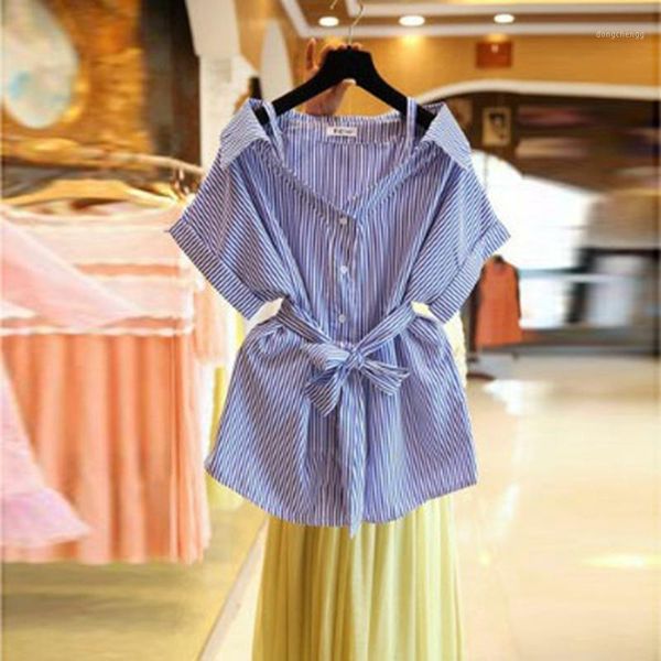 

slim strapless womens and blouses 2020 summer korean new striped sweet sling women shirts sashes slash neck ladies 1, White