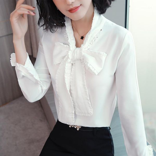 

women's blouses & shirts 2021 spring fashion clothing ruffles long sleeves bow stand collar solid color chiffon blouse female1, White