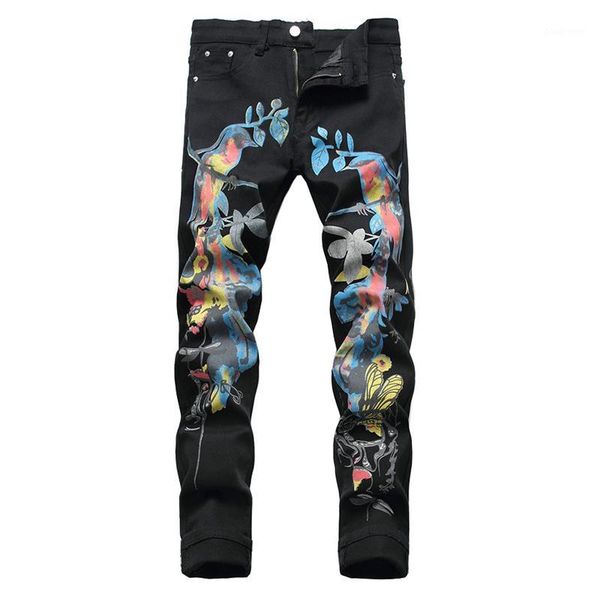 

sokotoo men's birds butterfly 3d print jeans fashion slim straight black stretch denim pants1, Blue