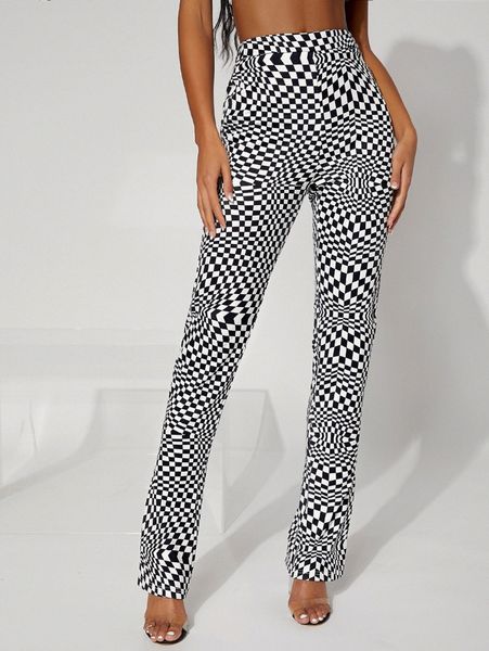 

high waist geo print slit hem pants z4db#, Black