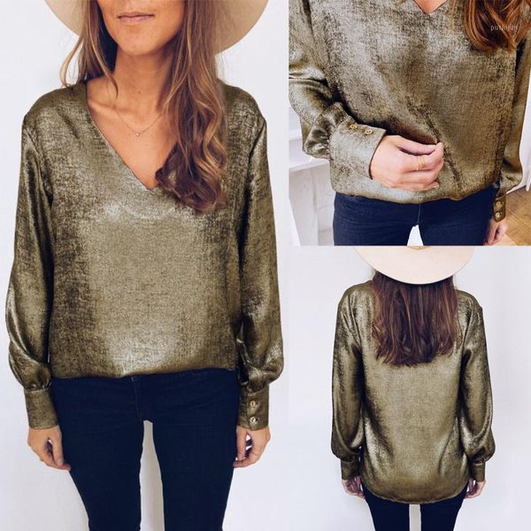 

lastylisher fashion golden v neck casual oversized women blouses 2020 spring long sleeve loose ladies blouse shirts new1, White