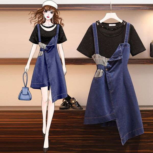 

demin strap dress set women summer cloth large plus sequin t shirt and skirt sundress two piece set elegant matching big1, White